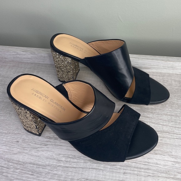 Badgley Mischka American Glamour black and gold glitter sandal heels sz 5.5 - Picture 14 of 15
